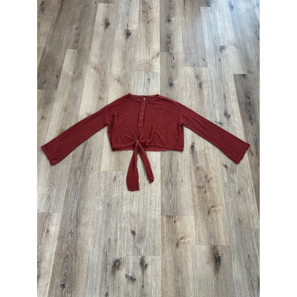 Free People Rust Orange Textured Boucle Tie Front Cropped Henley Top XS